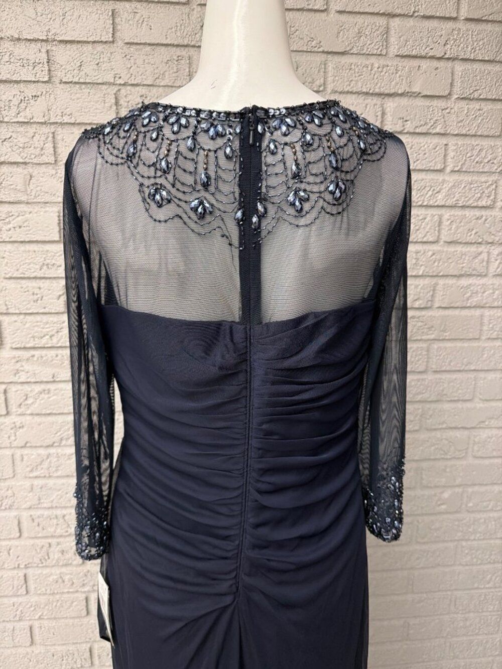 Alex Evening Illusion Beaded Navy Ruched Dress Size 12P - Picture 10 of 12